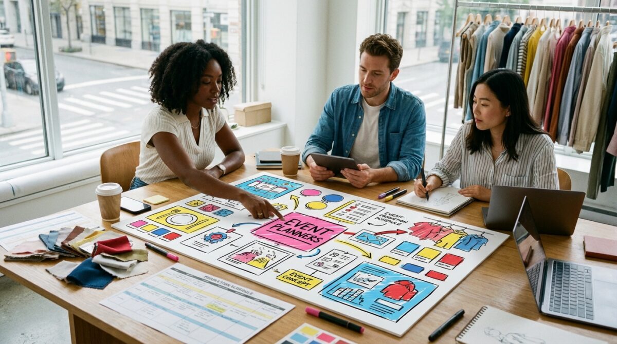 Chef de projet événementiel échangeant avec son équipe autour d'un planning