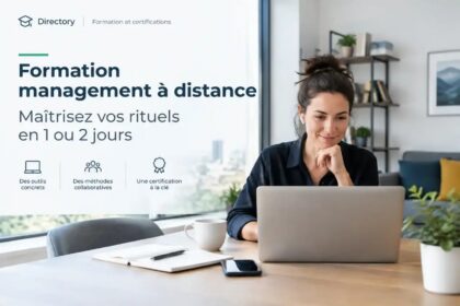 Manager animant une réunion d'équipe en visioconférence pendant une formation au management à distance